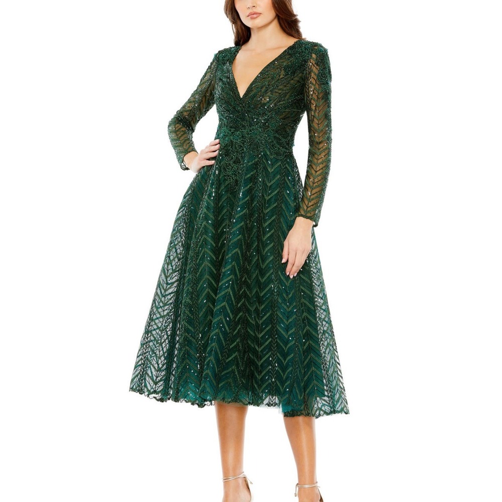 Mac Duggal 20399 Emerald Green Long Sleeve Geometric Lace Dress Size 16 NWT